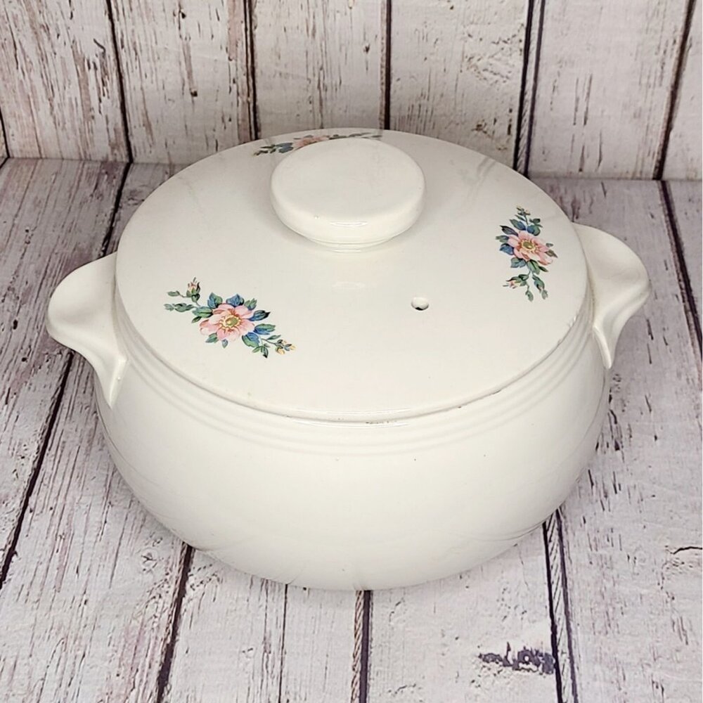 7" Vintage White Floral Porcelain Tureen Casserole Dish w/ Lid Painted Medium